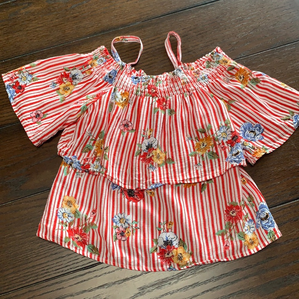 Art Class Red Floral Stripe Off Shoulder Top M 7/8